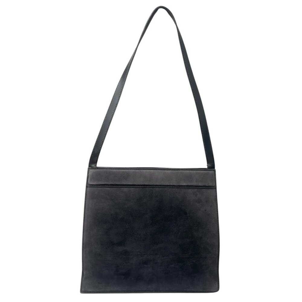 GUCCI Vintage G Square Logo Shoulder Bag Handbag Black Gold Suede [105633] - Picture 6 of 13